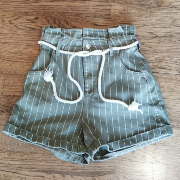 Topshop Paperbag Waist Striped Green Shorts 4 - Picture 1 of 5